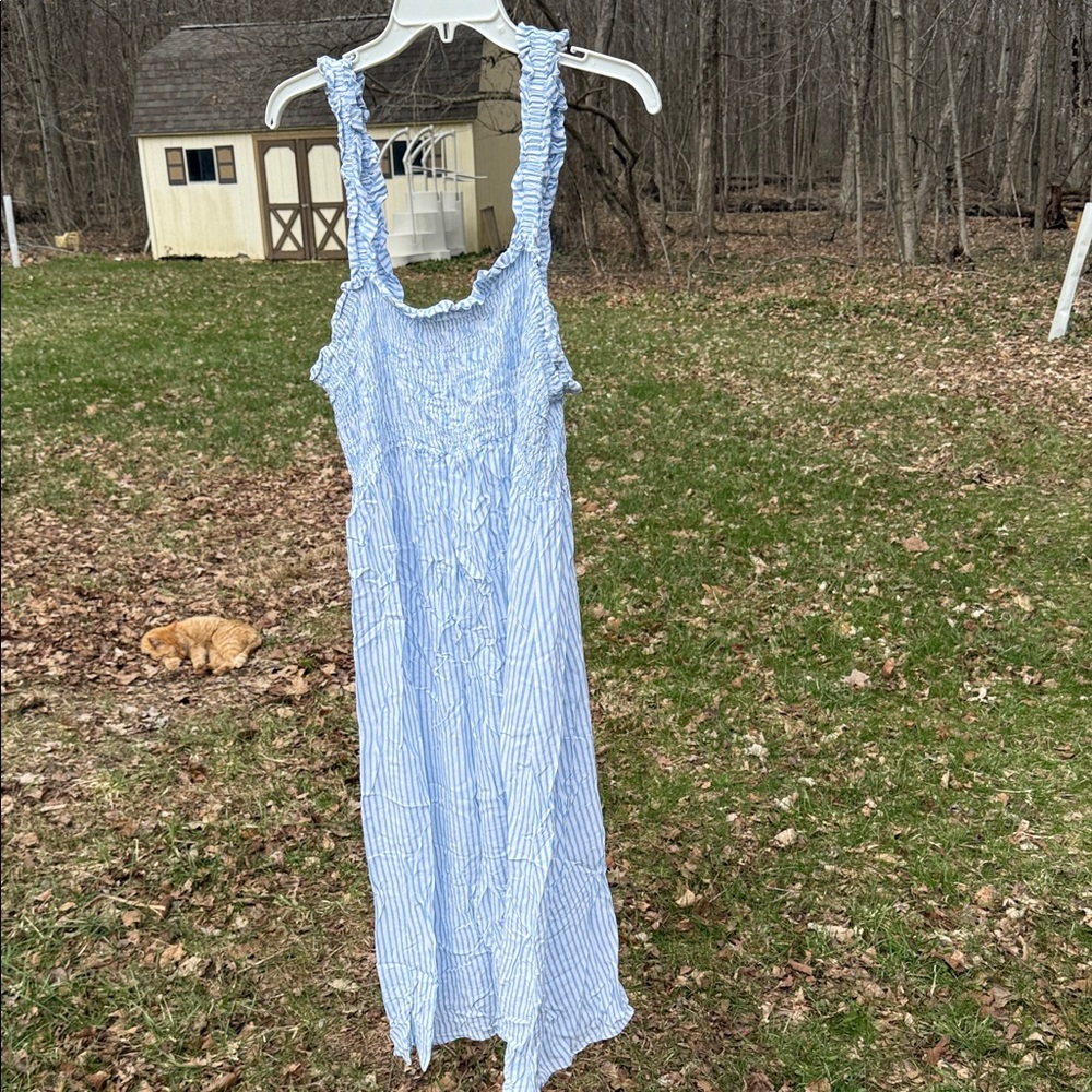 Blue and White Striped Ruffled Strap Maternity Maxi Dress
